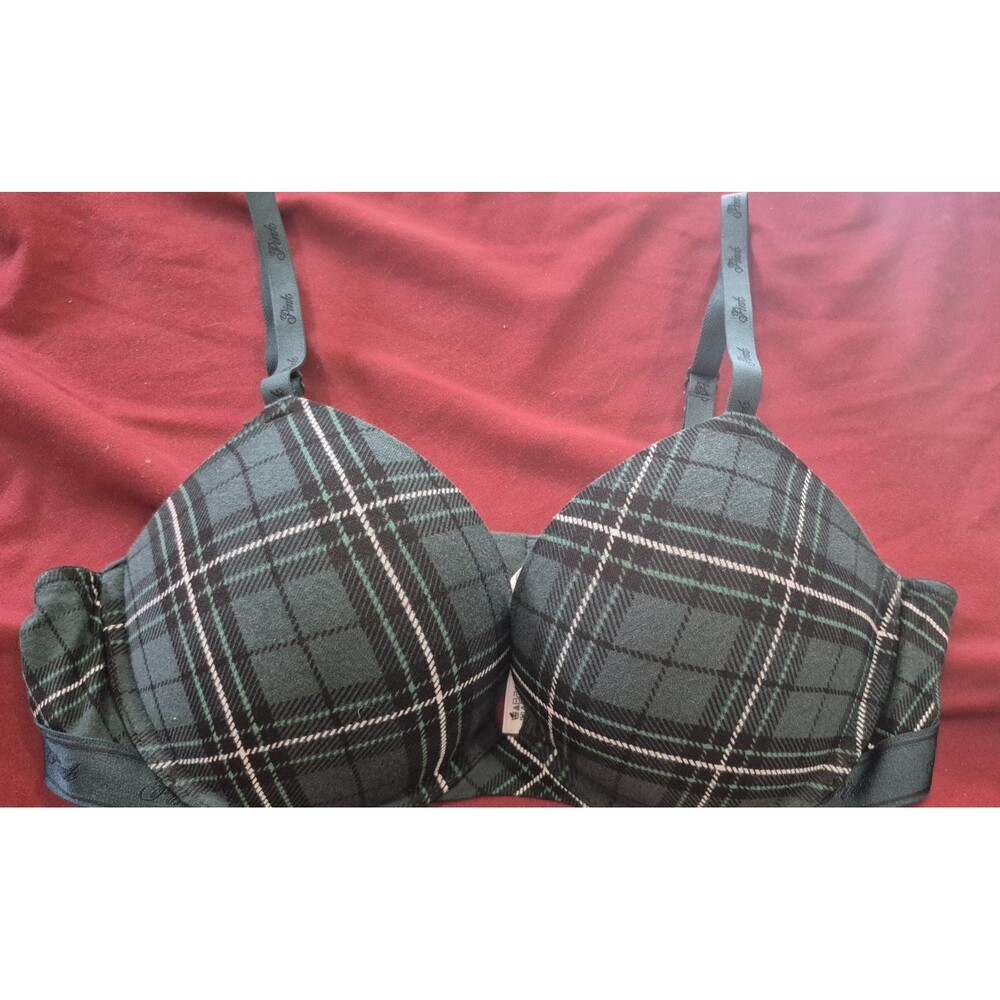 Victorias Secret Pink 38B Bra Wear Everywhere Super Pushup Green Plaid Worn 2
